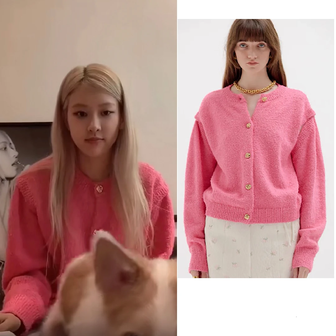 

Kpop IU Seo Yea Ji ROSE Winter Warm Pink Knitted Cardigan O-Neck Sweaters Women Korea Streetwear Loose Full Sleeve Jackets Coat