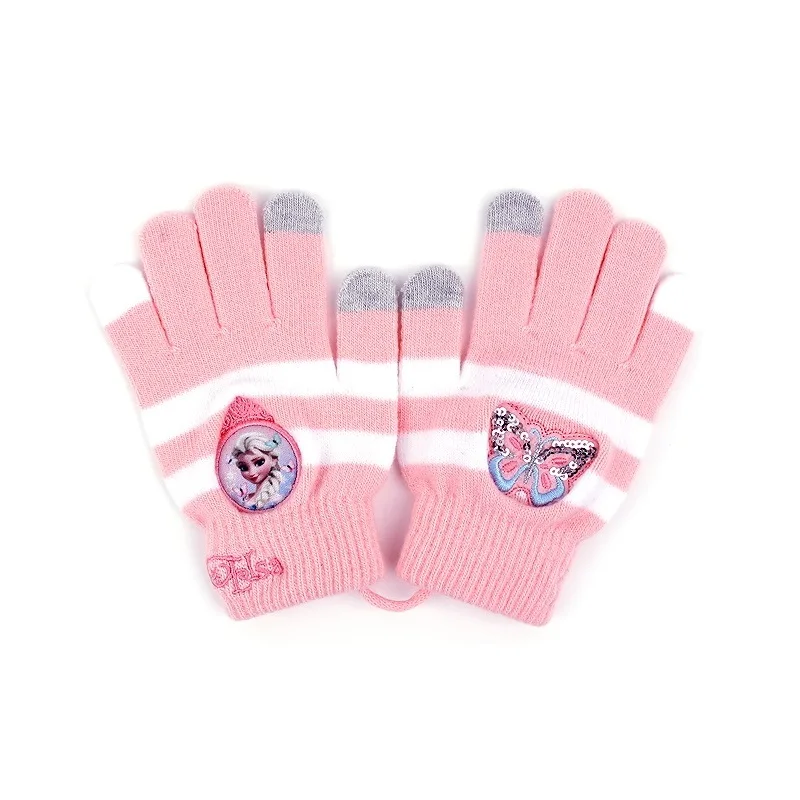 South Korea Winghouse Children Gloves Frozen Elsa Knitted Five-finger Gloves Girl Winter Hanging Rope Touch Screen Mittens