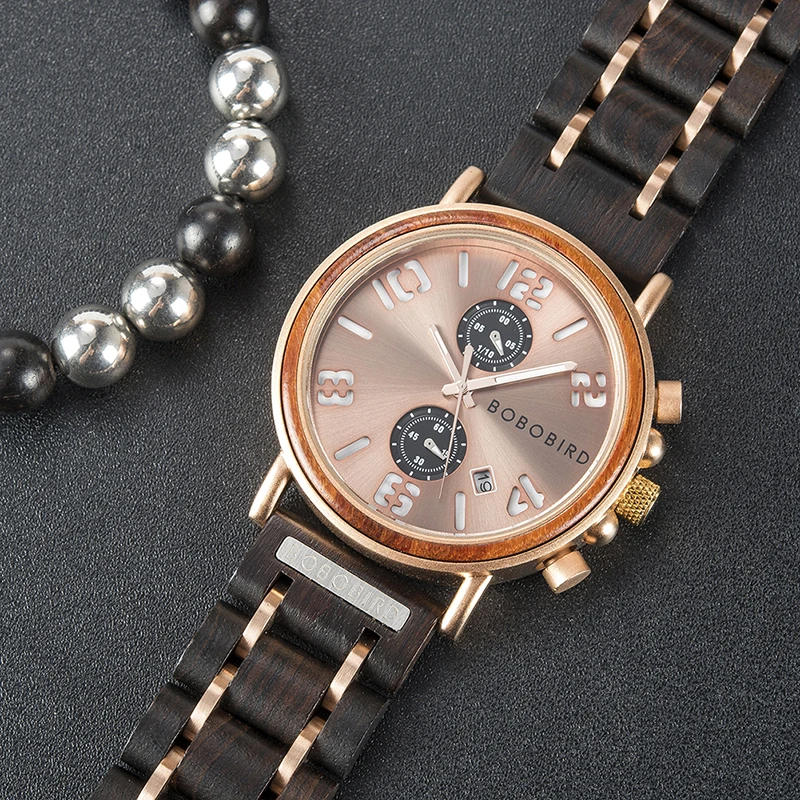 Часы мужские деревянные водонепроницаемые с хронографом в подарочной коробке