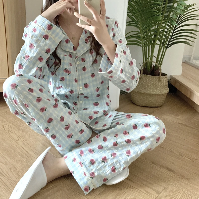 

Студенческая Пижама, новинка весны 2022, домашний сервис, сетка + персиковый принт, карманы, милые модные пижамы, брюки с длинным рукавом, костю...