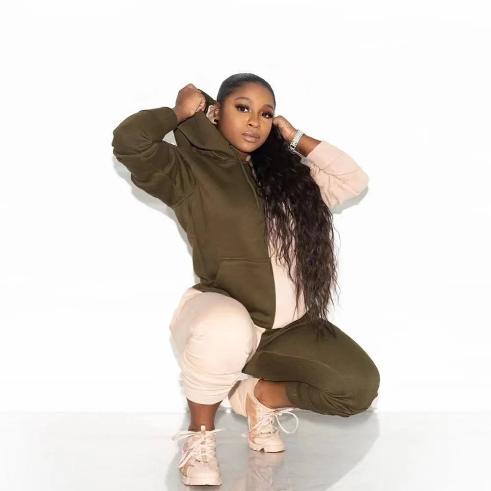 

Hot Sale Women Contrast Colors Tracksuit With Pockets Fashion Hooded Collar Long Sleeves Tops+Casual Sport Pants Outfit 2021