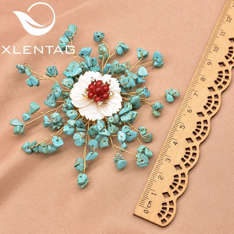 

Xlentag Handmade Natural Turquoise Freshwater Shell Coral Flowers Women Brooch Wedding Party Gift Fine Fashion Jewelry GO0385
