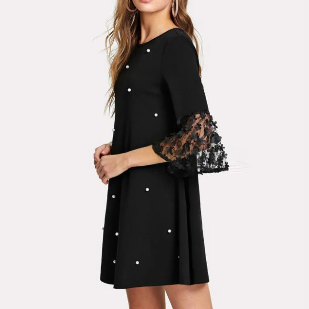 Summer Dresses Women 2021 Fashion Women Sexy Wave Solid Point O-neck Spliced Hollow Out Long Sleeve Temperament Dress Casual