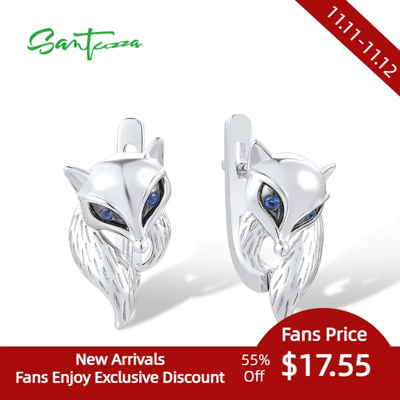 

SANTUZZA 100% 925 Sterling Silver Stud Earrings For Women Blue CZ Little Fox Animal Daily Wear Lovely Gift Fine Jewelry Handmade