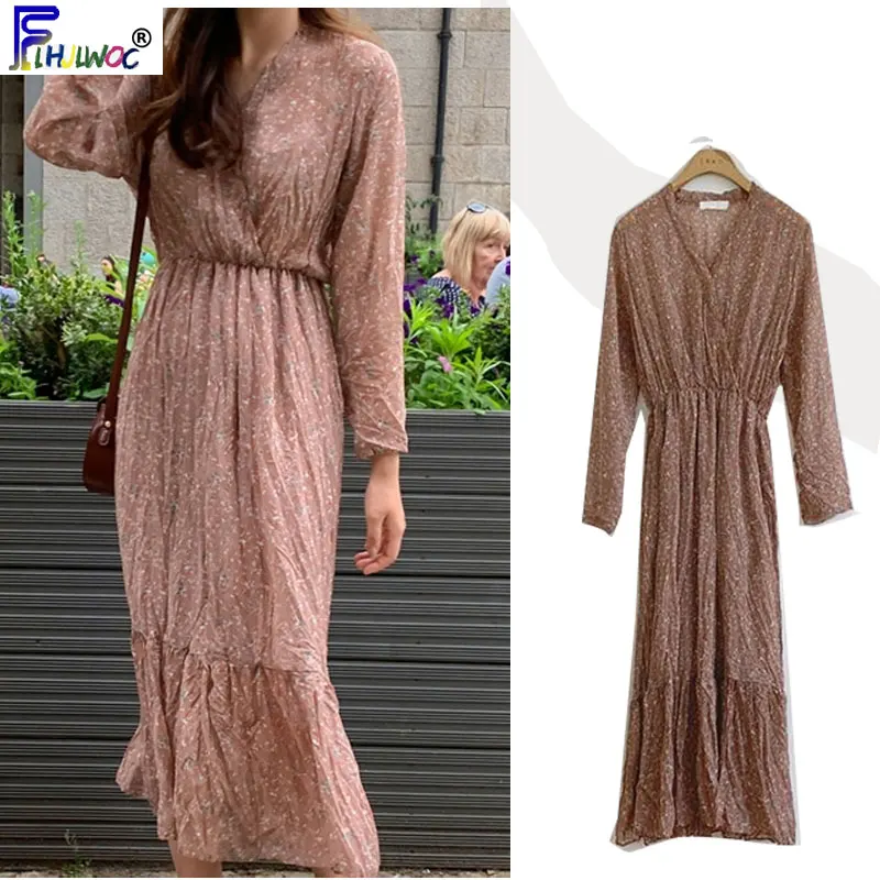 Базовое длинное женское платье в Корейском стиле элегантное офисное с v образным