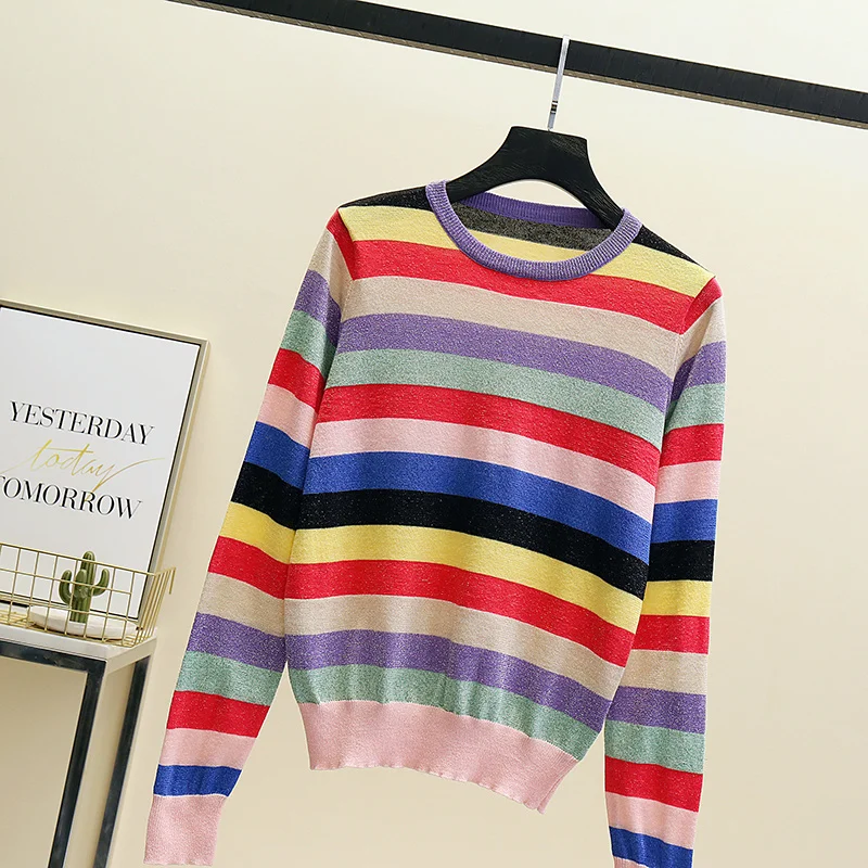 

Korean Fashion Casual Multicolor Striped Pullover Sweater Women 2021 Spring Autumn Long Sleeve Pull Femme Runway Knitted Tops