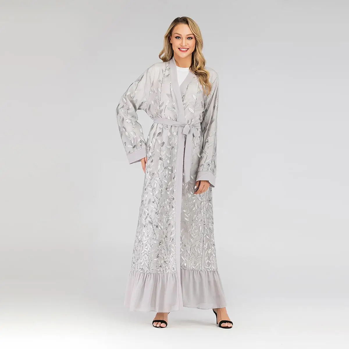 Дубай abaya кимоно кружева вышивка открытый кафтан леди мусульманское платье макси
