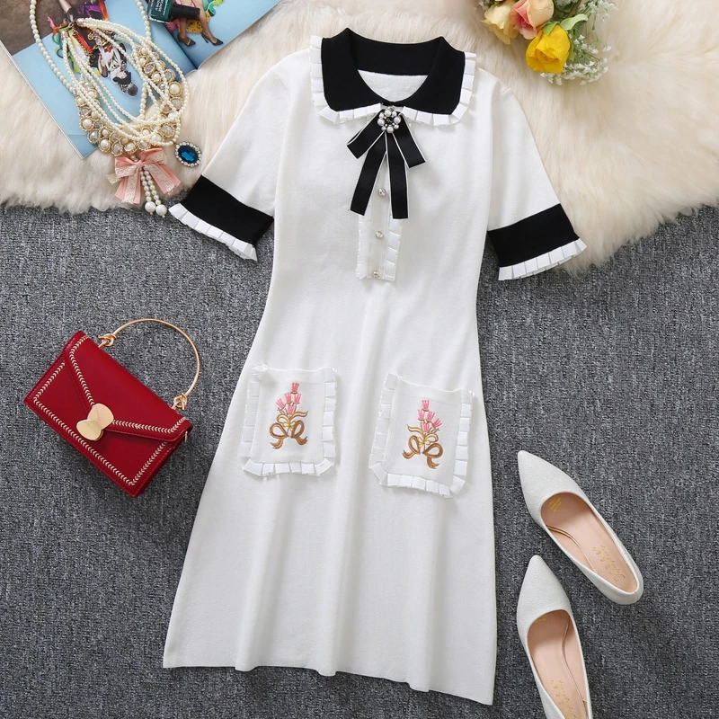 Trytree Autumn Winter Women Dress Casual Peter pan Collar Bow Embroidery Pocket Shirt Dresses Knitting Black Straight Mini Dress - Цвет: White-Short Sleeve