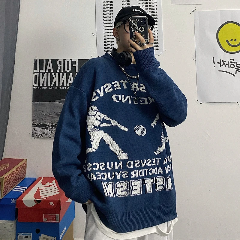 

Vintage Thick Knit Sweater Women Winter Harajuku Baseball Letter Jacquard Loose Casual Sweater Men And Women O-Neck Pullover
