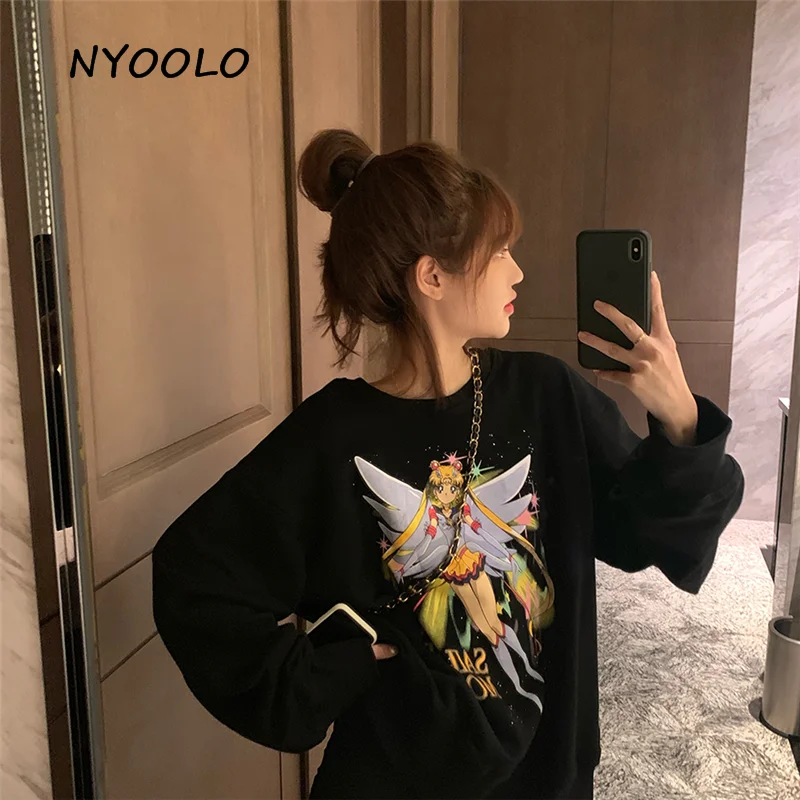 NYOOLO Harajuku стиль мультфильм персонаж Сейлор Мун буквы печати толстовка осень уличная одежда с длинным рукавом Пуловеры женские