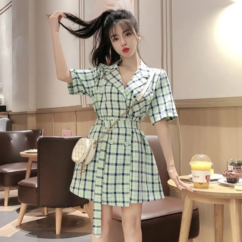 Женский клетчатый однобортный костюм зеленые белые розовые комбинезоны с