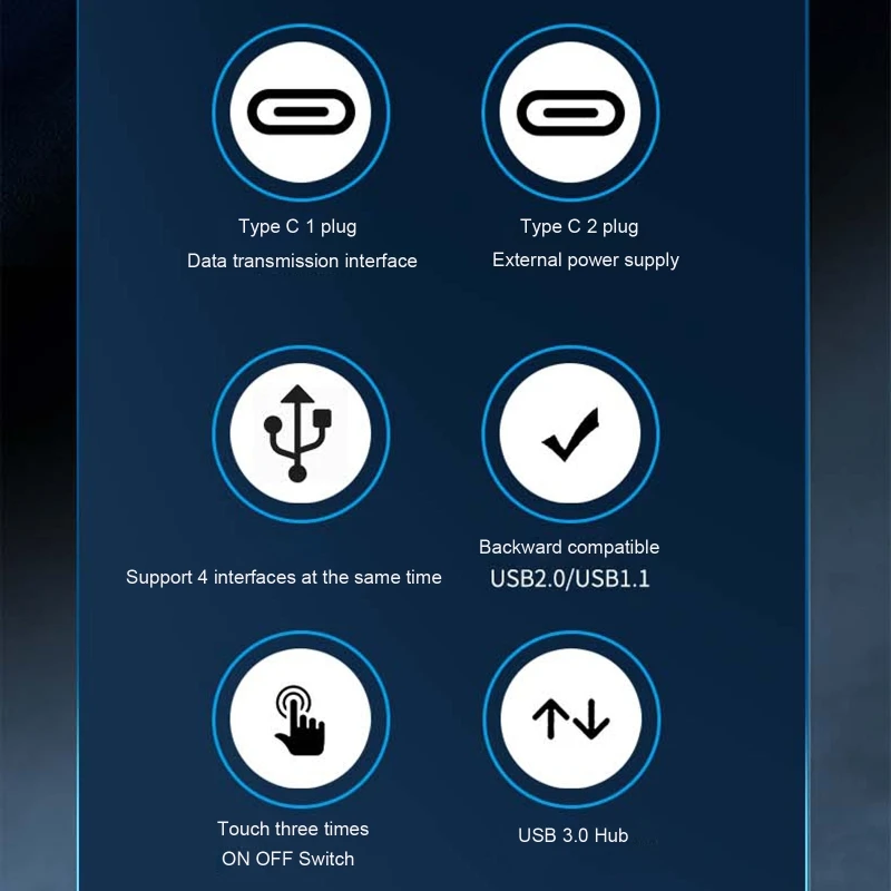

USB 3.0 Data Hub with Individual Touch On/Off Switches and LED Light for Laptop 35EA