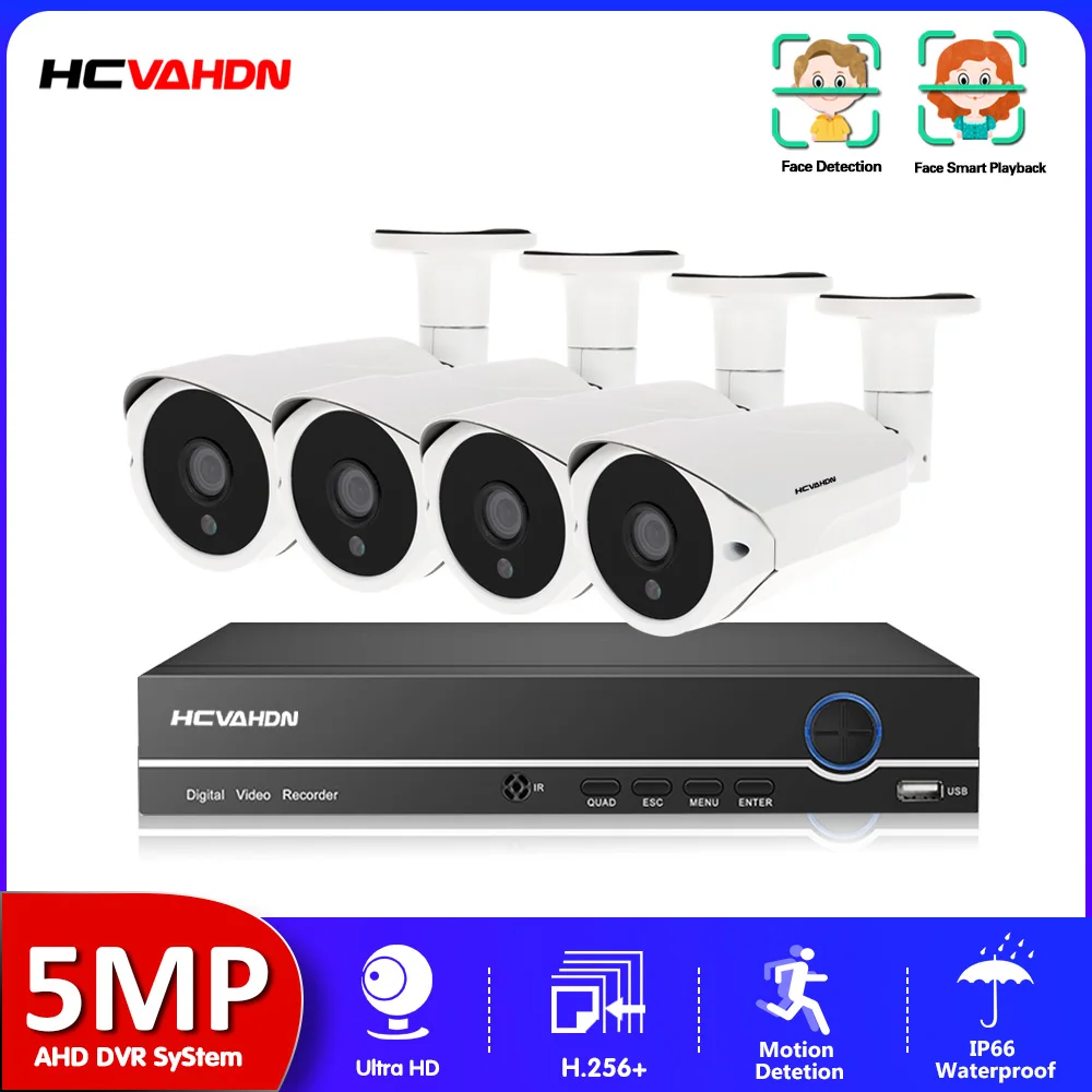 

HCVAHDN 5MP Home Video Security System 6 IN1 H.265 DVR With 4PCS 5MP HD Bullet Face Detection Waterproof CCTV Surveillance Camer