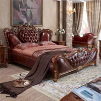 modern european solid wood bed 2 people fashion carved genuine leather french bedroom furniture o10311