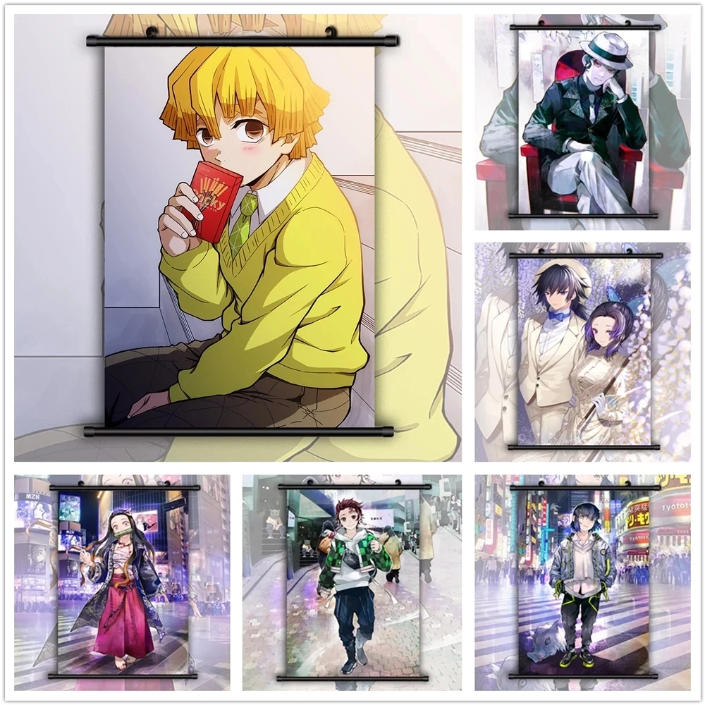

Canvas Home Decor Demon Slayer Kimetsu Poster Print Pictures Wall Art Anime Plastic Scroll Hanging Painting Bedside Background