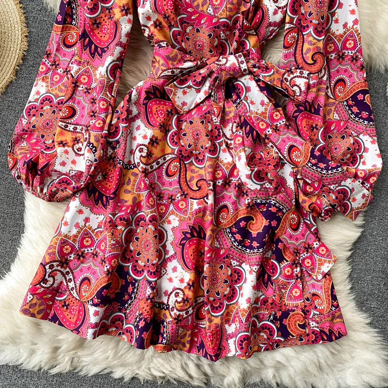 

Boho Vacation Beach Floral Mini Dress Women Sexy V-Neck Puff Long Sleeve Sashes Vestidos Female Spring Autumn Fashion 2021