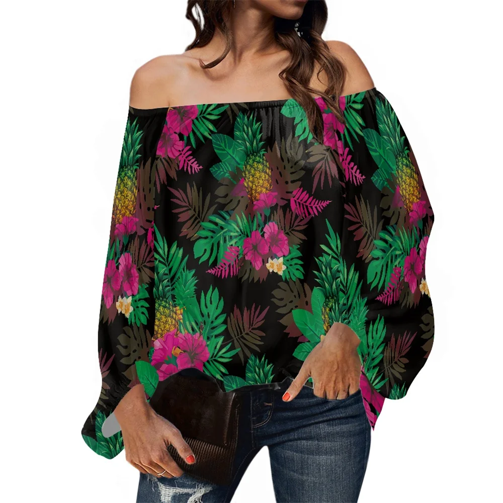 

Ladies Shirts Blouses Tops Women Hawaiian Tropical Flower Design Loose Casual Long Sleeve Chiffon Blouses Off Shoulder.