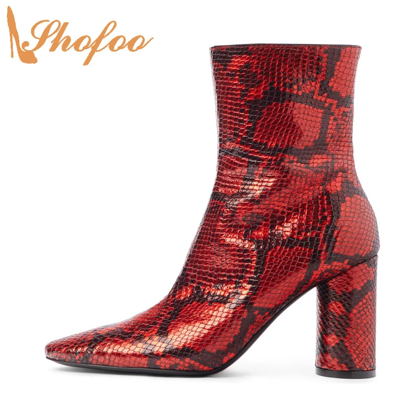 

Red Snakeskin Round Toe Female Booties Ankle Boots Woman Zipper High Heels Large Size 13 16 Ladies Fashion Mature Shoes Shofoo