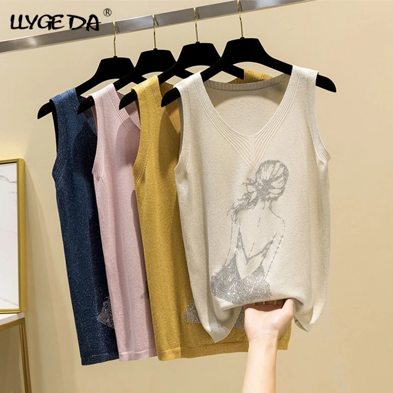 Летний Тонкий вязаный жилет для женщин со стразами повседневный свободный