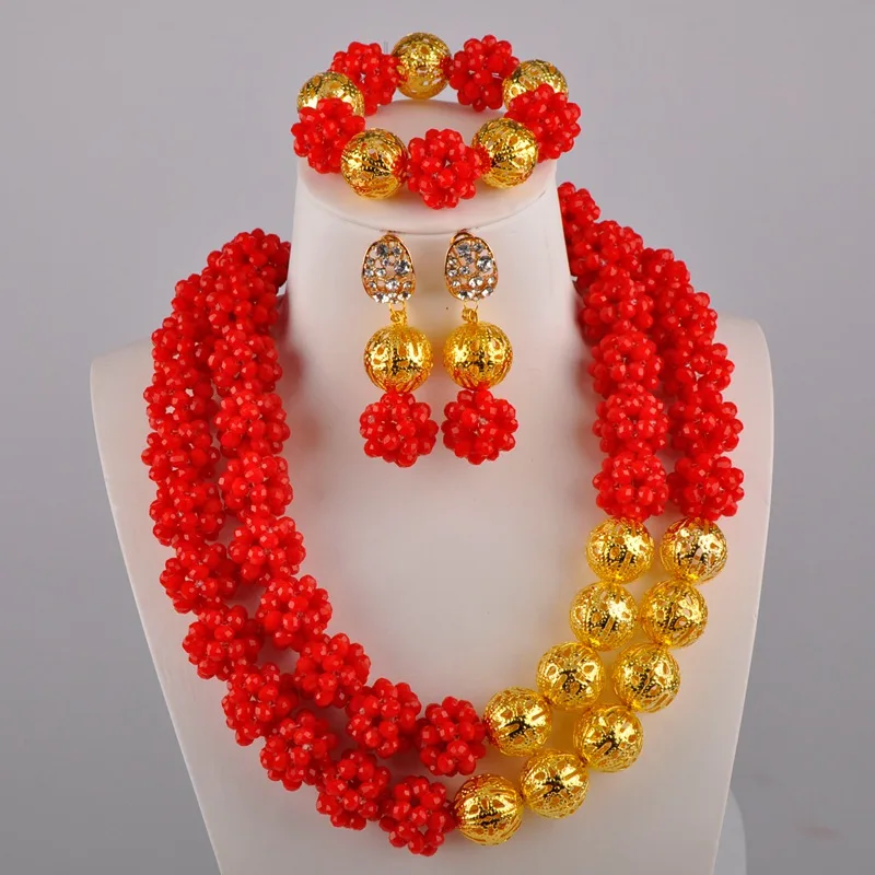 

Crystal Ball Beaded Sets Opaque Red African Wedding Beads Necklace Jewelry Set Nigerian Wedding Sets