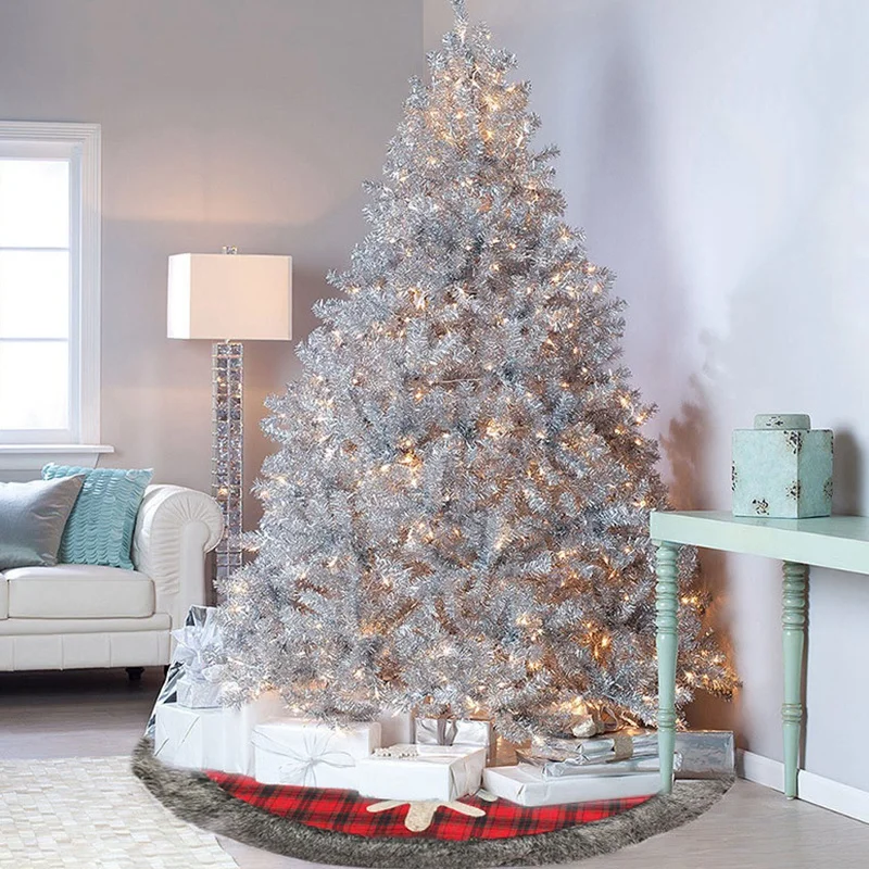 

Christmas Tree Skirt,48 Inch Burlap Plaid Christmas Tree Skirt with Snowflake and Plush,Xmas Tree Holiday Decorations