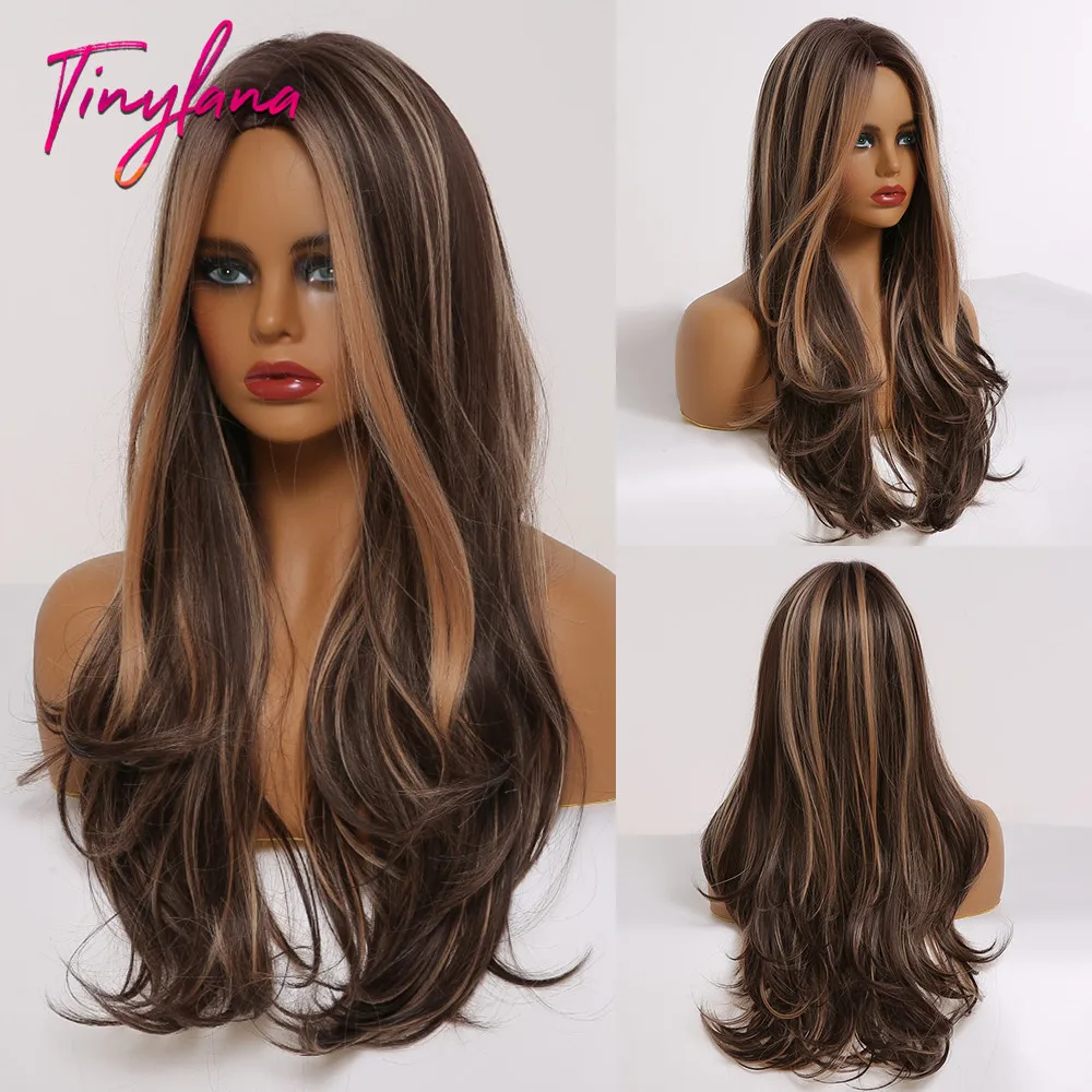 

TINY LANA Mixed Black Brown Gloden Highlight Synthetic Wig Middle Part Long Wavy Wigs for Women Cosplay Daily Heat Resistant