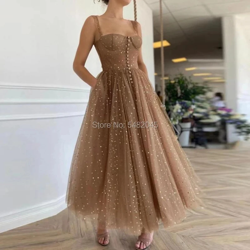 

LORIE Short Prom Dresses Spaghetti Straps Sweetheart Shiny Stars A-Line Custom Made Tea Length Celebrity Party Dress
