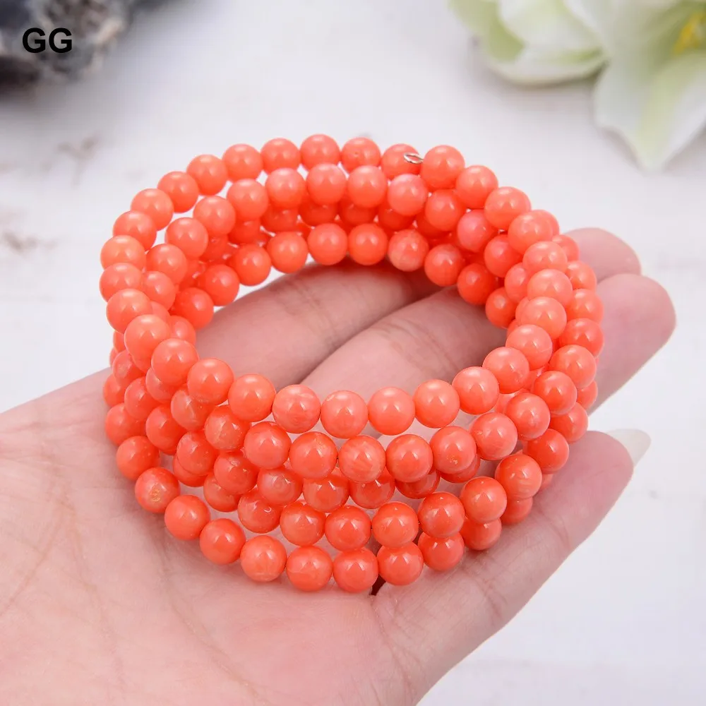 

GG Jewelry Natural 6MM Round Pink Coral Bangle Bracelet For Women Girl Gift