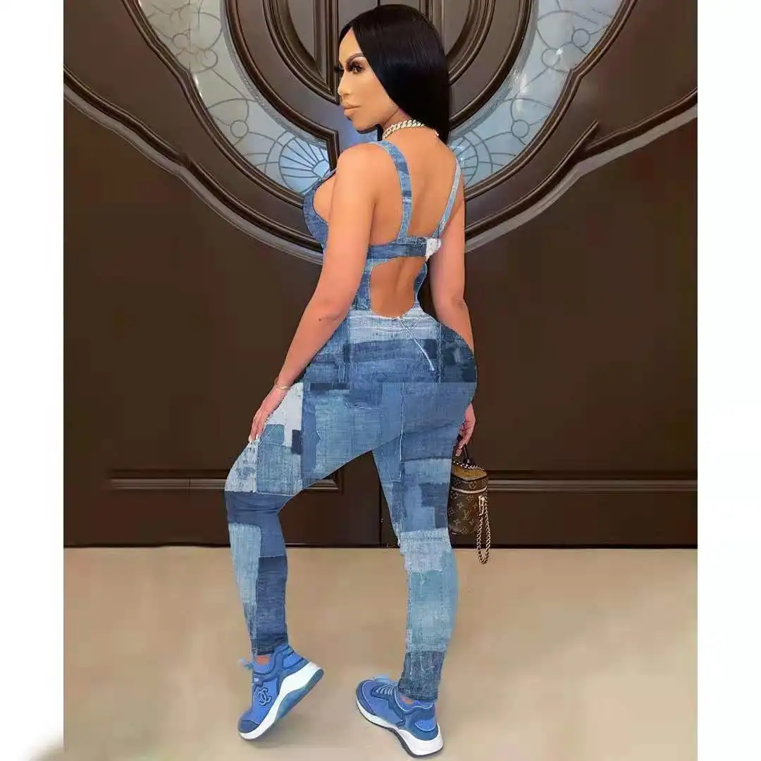 

High Waist Sexy Women's Jumpsuit, Fashionable Suspenders Imitation Jean Print Pants Spring And Summer