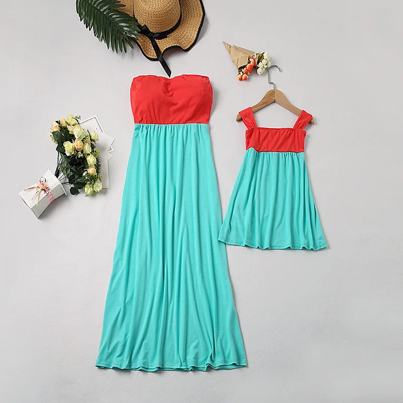 

2021 Summer New Sleeveless Tube Top Halter Mother Daughter Parent-Child Wear Girl's Solid Color Stitching Dress