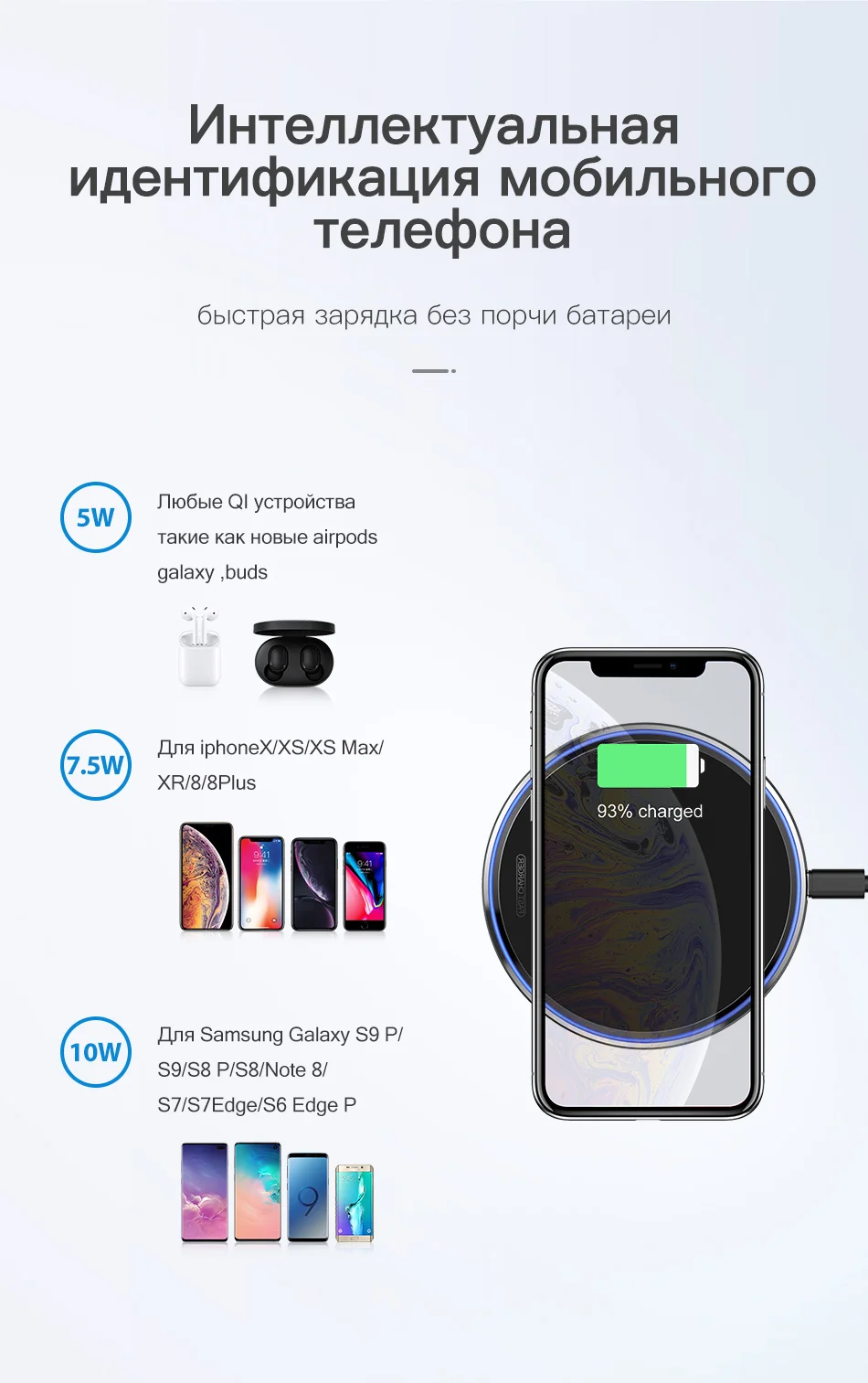 KUULAA Беспроводное зарядное устройство 10 Вт Qi для samsung S9 S10+ Note 9 8 зеркальная Беспроводная зарядная подставка 7,5 Вт для iPhone X/XS Max XR 8 Plu