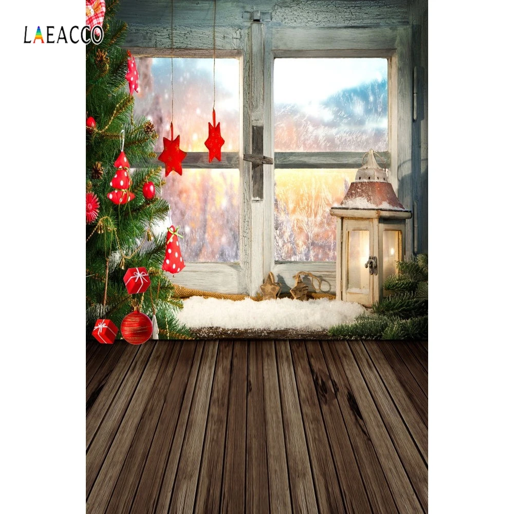 Laeacco Рождественские подарки дерево окно деревянный пол декорации фотографии