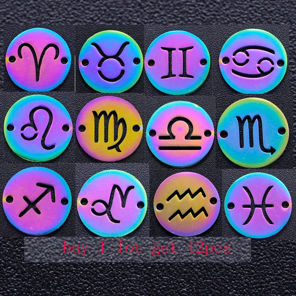 

12pcs/Lot Stainless Steel Rainbow Color Whole Twelve Zodiac DIY Constellation Connectors Charms Jewerly Findings Accessories