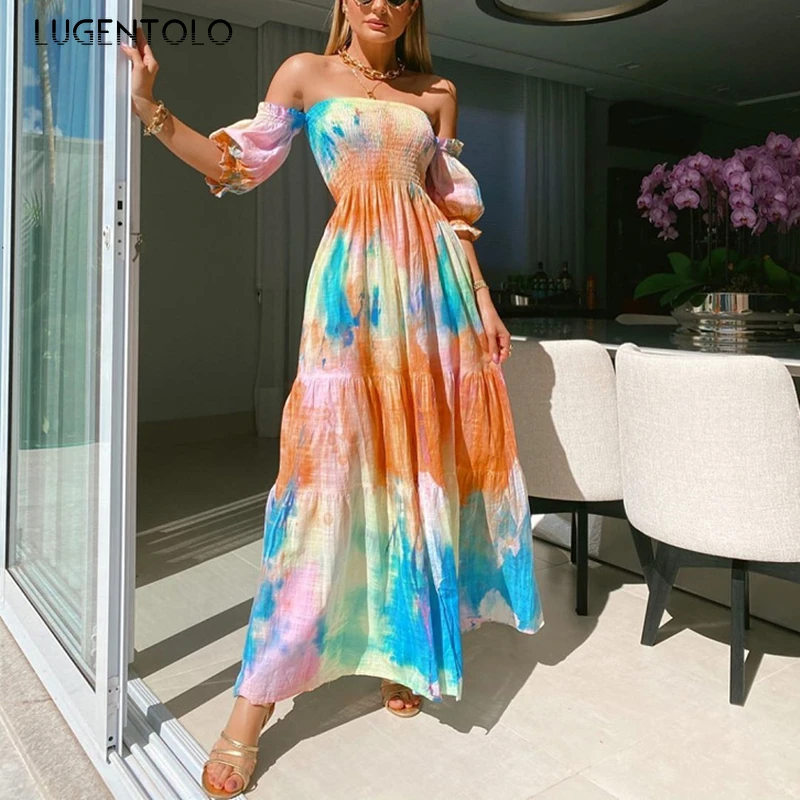 

Lugentolo Sexy Dress Women Short Sleeve Strapless Empire Party Dresses Ladies Spring Summer Print Big Swing Long Dress