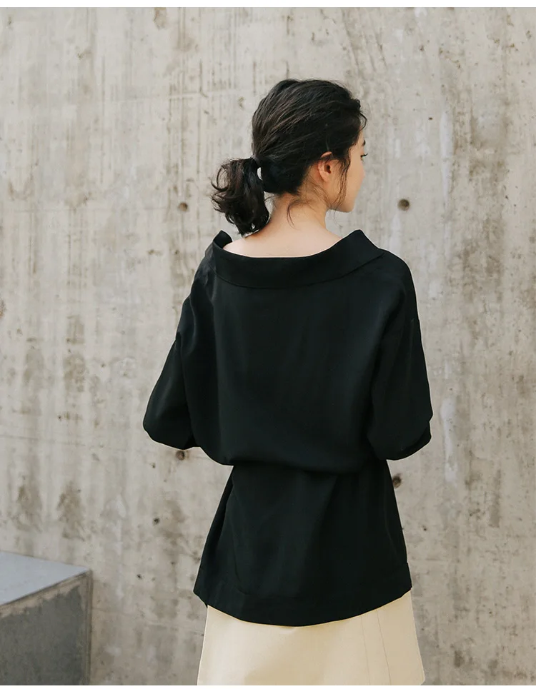 

2020 Autumn Winter Women Shirt Casual Fashion Belt Asymmetrical Ladies Top Chiffon V-Neck Turn down Collar Blouse