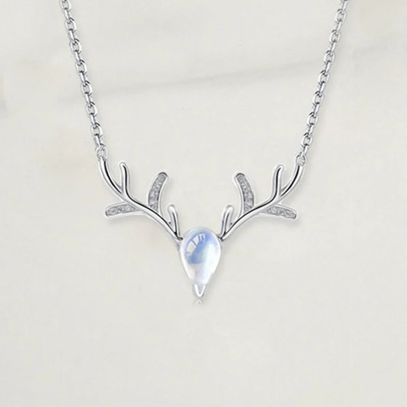 

New Clavicle Chain Sterling Silver Deer Necklace European and American Moonstone Pendant s925 Silver Animal Necklace
