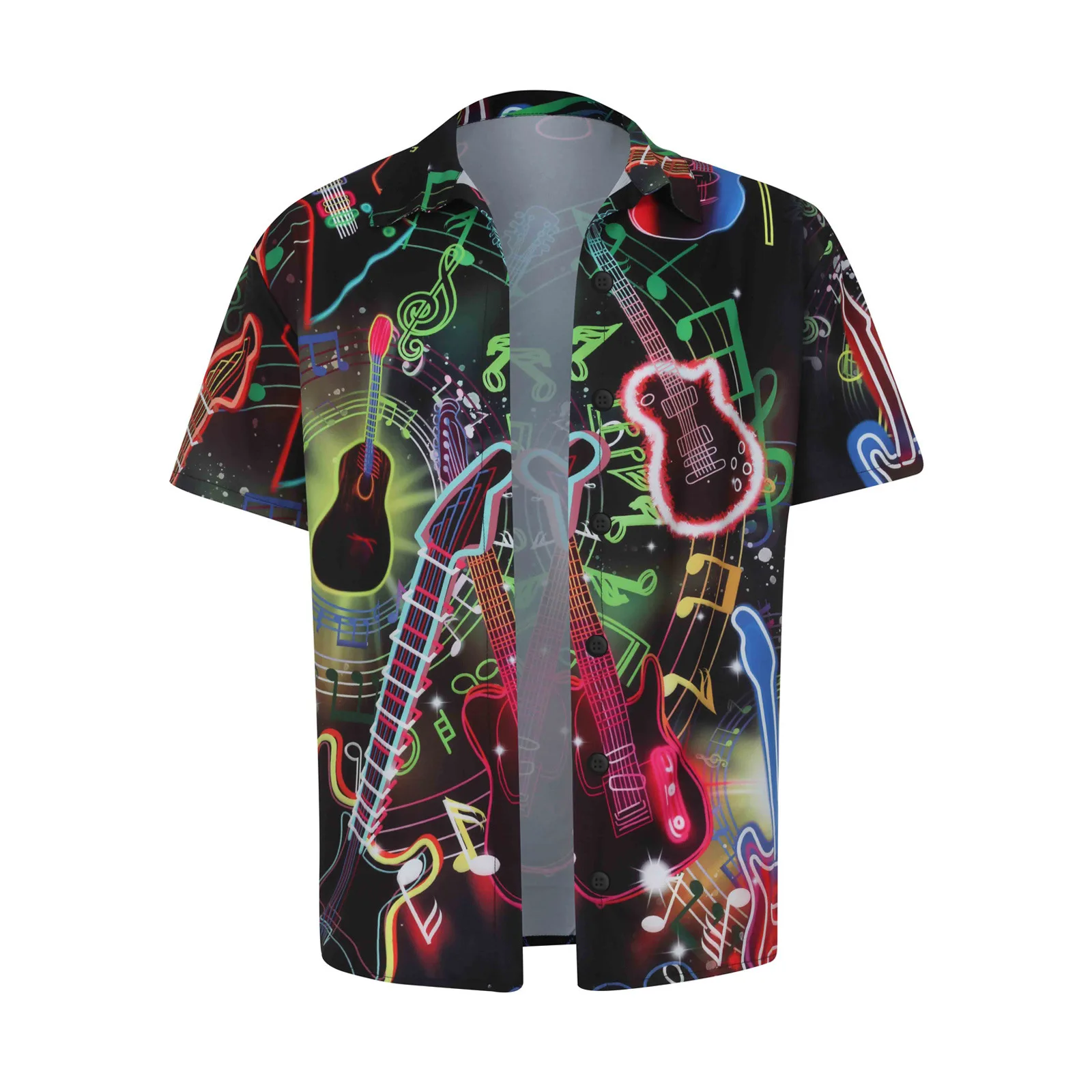 

2021 Men's New Guitar Digital Printing Short-Sleeved Shirt Youth Fashion Musical Note Printing Casual Shirt