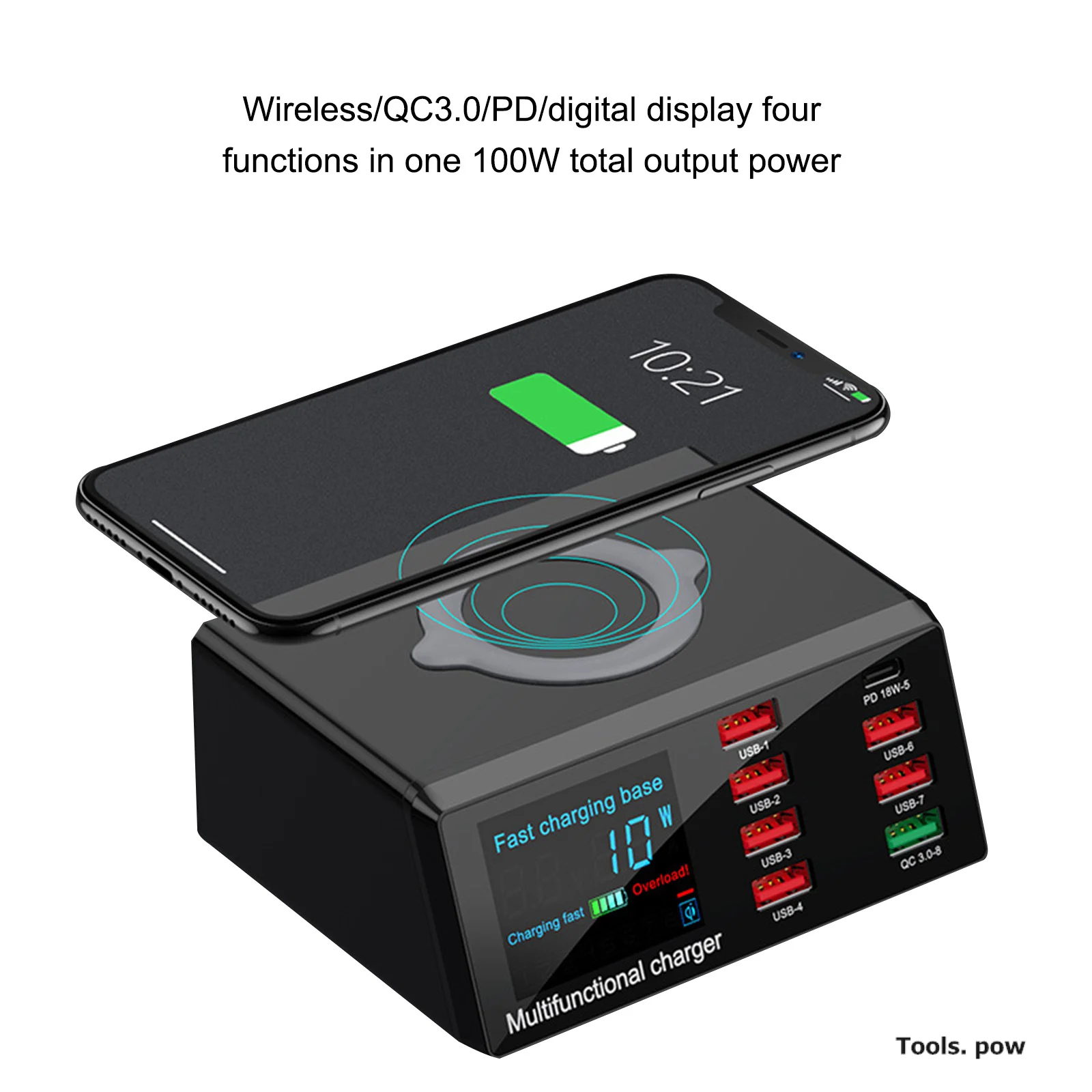

8 USB Ports Wireless Charger Station 100W PD QC 3.0 Fast Charging Dock Phone Charger EU/US/UK/AU Model