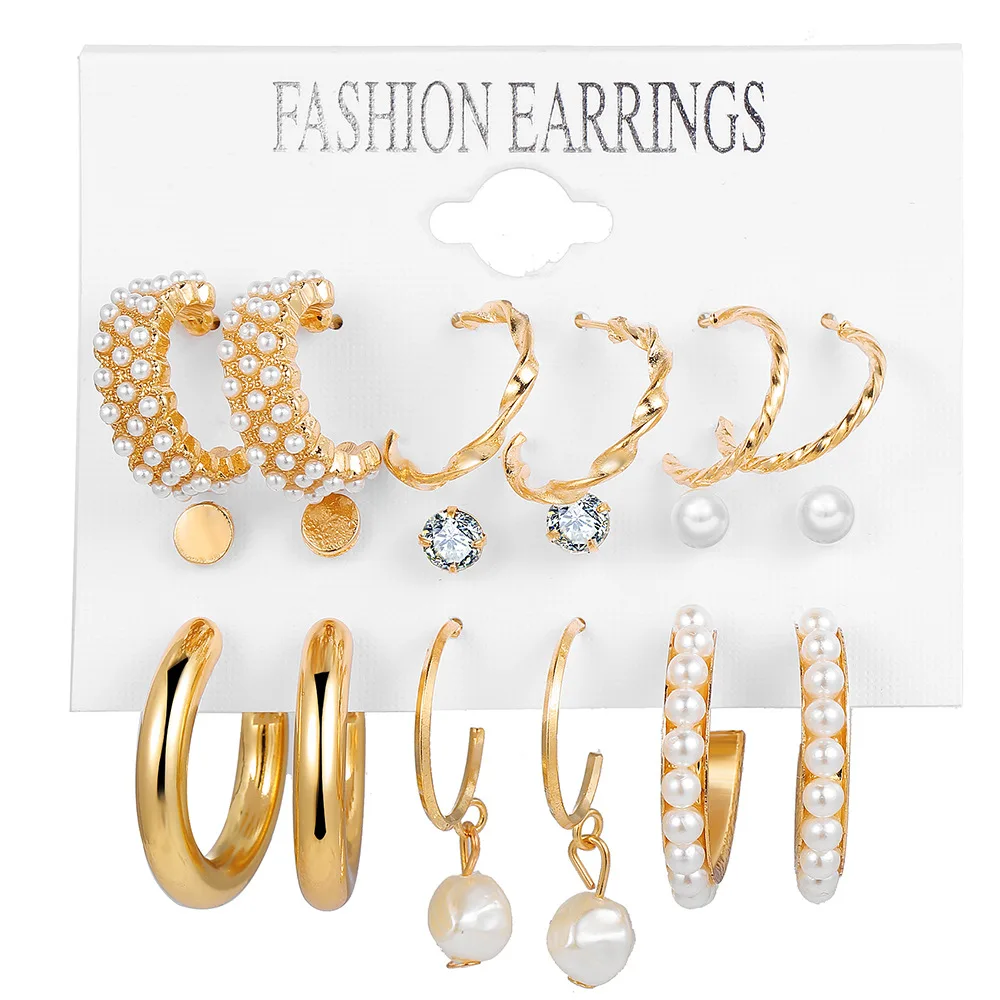 

Pearl Earrings Ladies Creative French Retro Gold Earrings Set 6-piece Short Wild Simple Fashion Accessories Jewelry Gifts