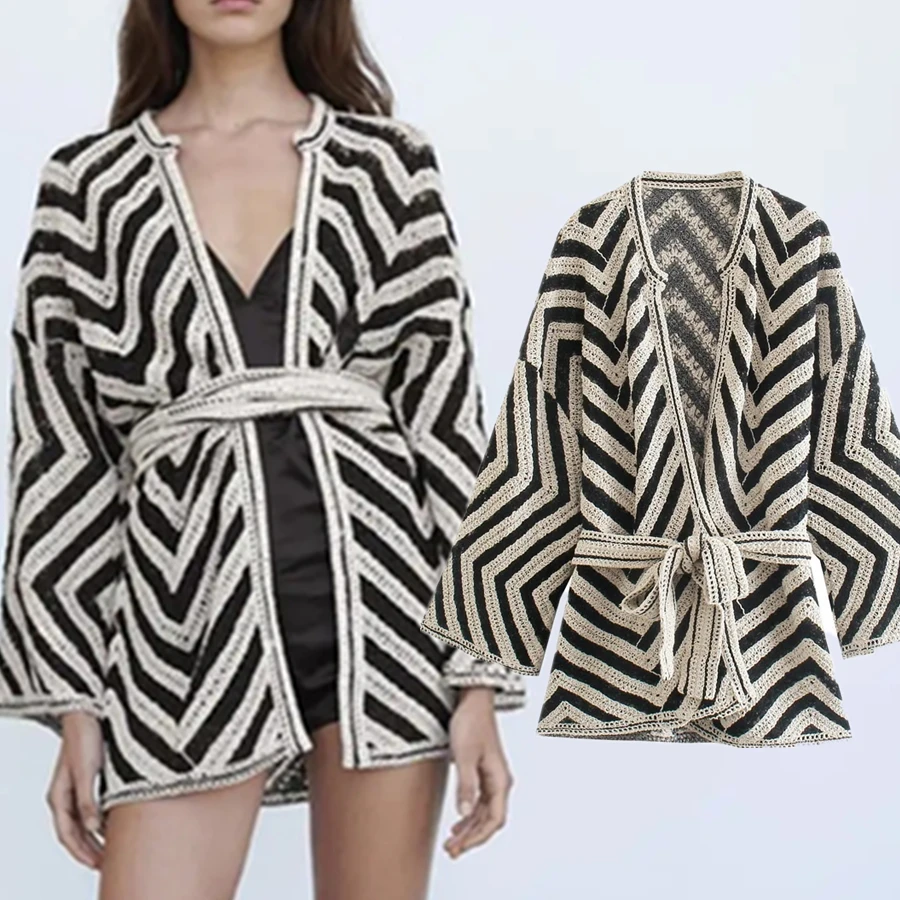 

Женский кардиган-кимоно Maxdutti Indie, винтажный вязаный крючком кардиган в английском стиле, модный Свободный трикотажный жакет с поясом, женск...