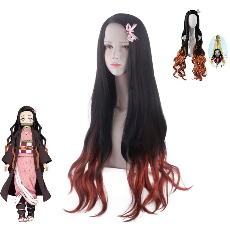 

2 Sstyle Anime Demon Slayer Kimetsu no Yaiba Kamado Nezuko Cos Hair Long Black With Orange Cosplay Costume Wigs