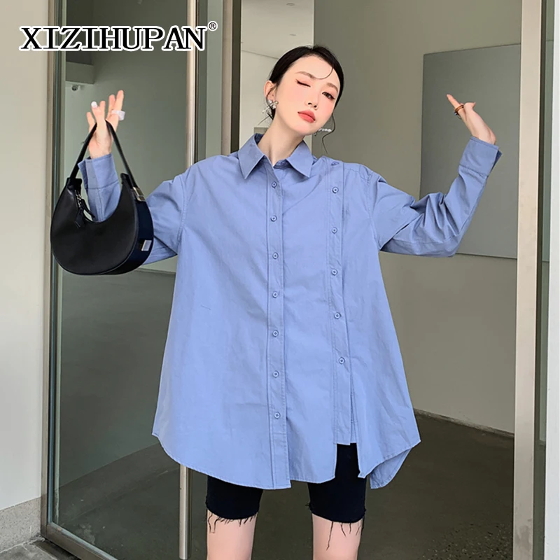 

XIZIHUPAN Minimalist Blue Shirt For Women Lapel Long Sleeve Casual Loose Irregular Hem Korean Fashion Blouse Female 2021 Stylish