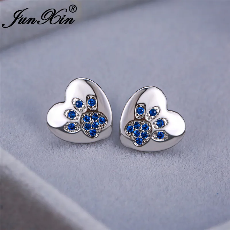 Blue Earrings Сине-белые огненные опаловые серьги-гвоздики в виде животных, медведя, кошки, собаки, лапы для женщин и мужчин, 925 серебро, розовое золото, серьги в виде сердца, свадебные ювелирные изделия, Cz - Окраска металла: Blue Earrings