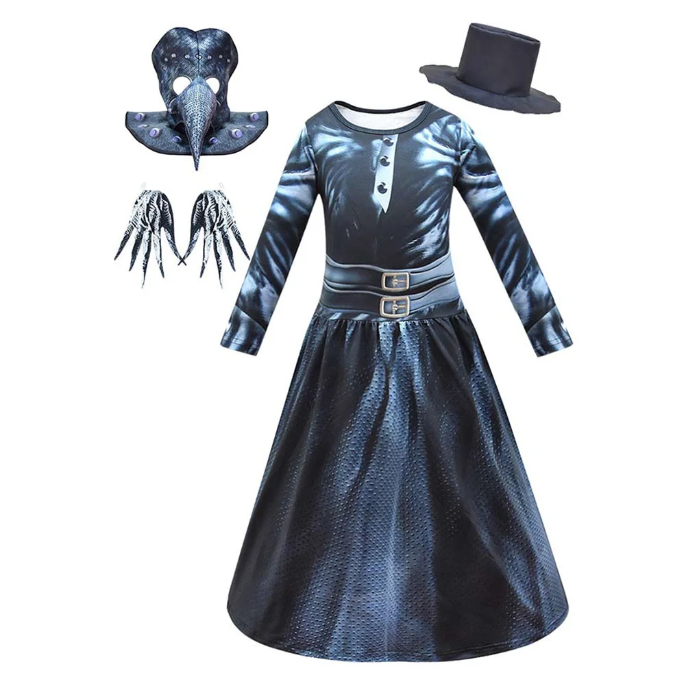 

Kids Plague Doctor Cosplay Costume Dress Mask Headgear Hat Uniform Suit Girls Halloween Carnival Horror Costume Fancy Dress