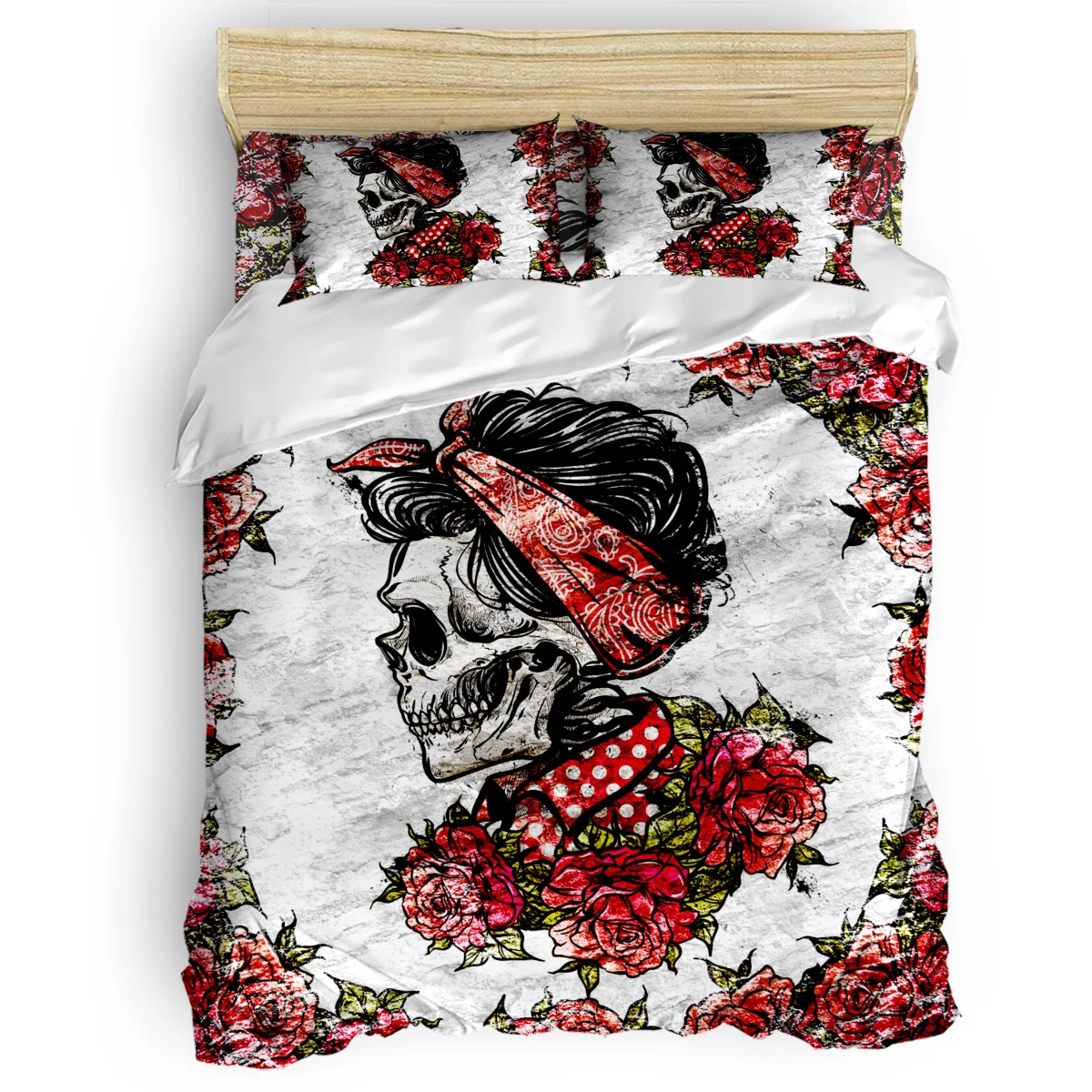 Комплект постельного белья из одеяла с красными цветами и черепом Мексиканский 4