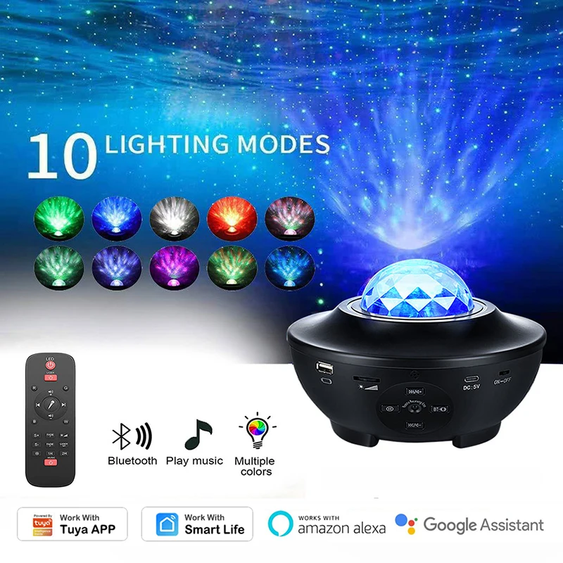 

Smart Watermark Music Starry Sky Light Projector Stage Projection Lamp,Tuya Smart Life APP,Bluetooth / USB Seltect Music,Timer