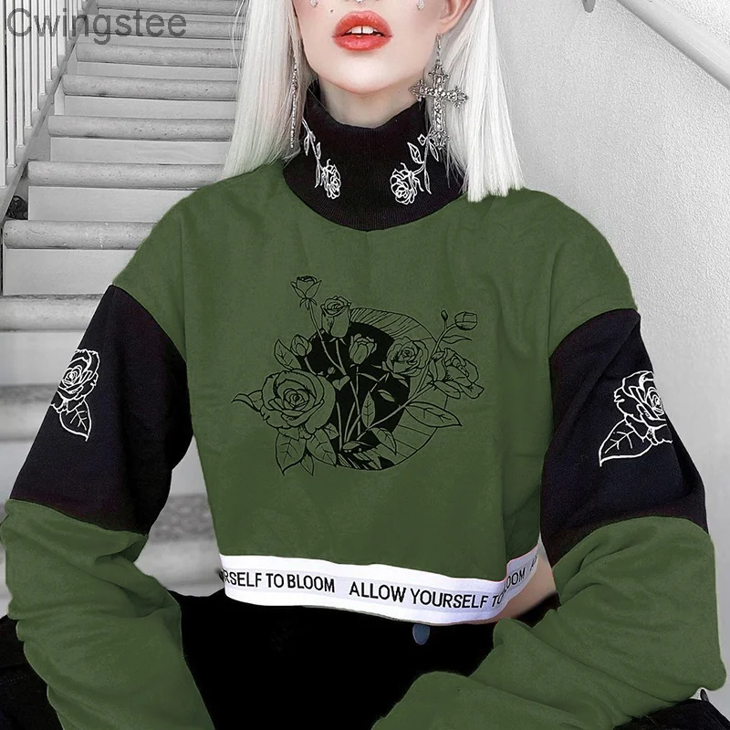 

Gothic Patchwork Floral Print Shirts Academic Pullover Crop Turtleneck Sweatershirts Autumn Straight Letter Tops