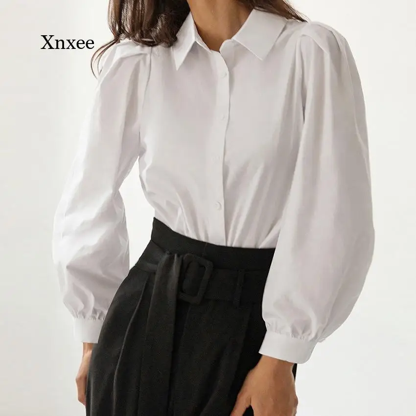 Женская трикотажная рубашка с отложным воротником длинным рукавом-фонариком