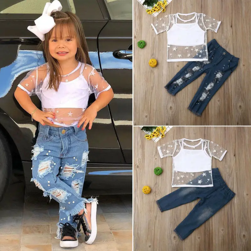 

Fashion Toddler Baby Girl 1T-6T Vest Tops Denim Ripped Pants Clothes Outfits 3pcs Set