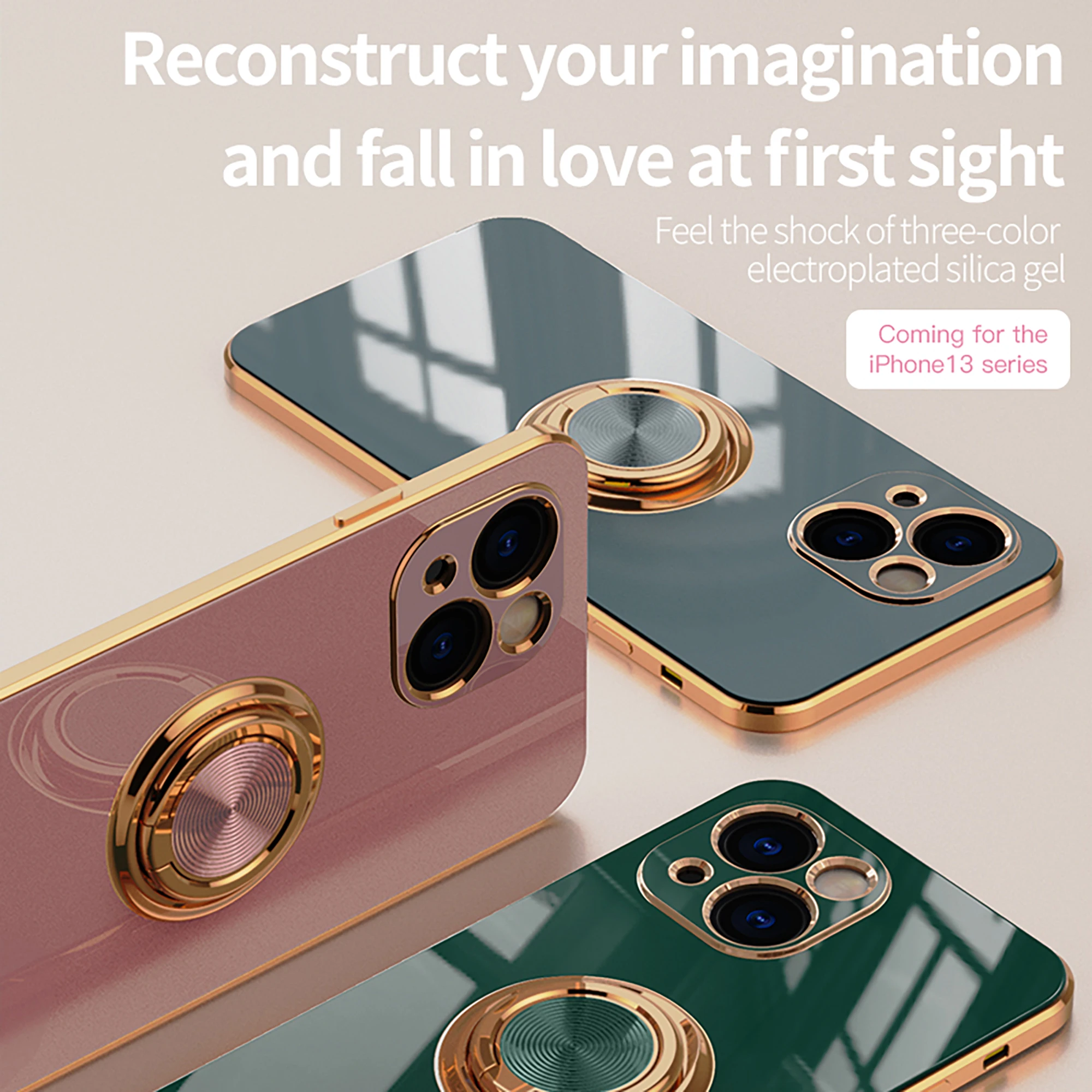 

Plating Magnetic Case For iPhone 13 Mini Pro Max Ring Kickstand Holder Soft Bumper Frame Shell Back Cover